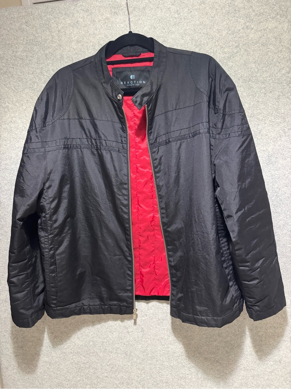 Reaction Kenneth Cole Men's Black Lightweight Moto Zip Jacket with Red Lining